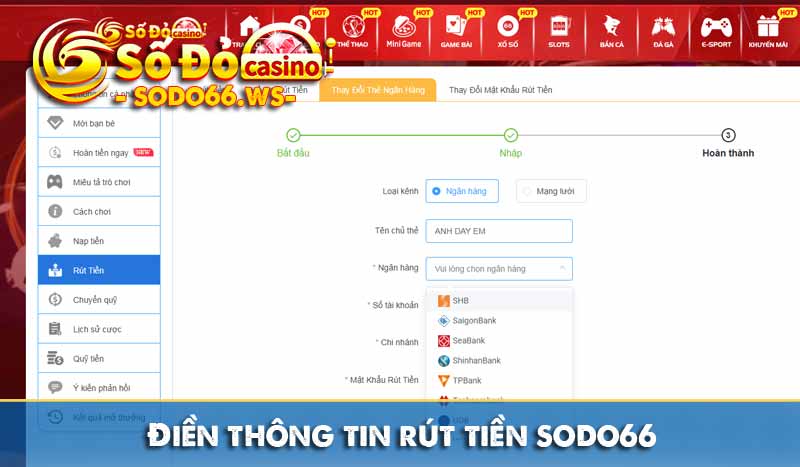 Điền thông tin rút tiền sodo66