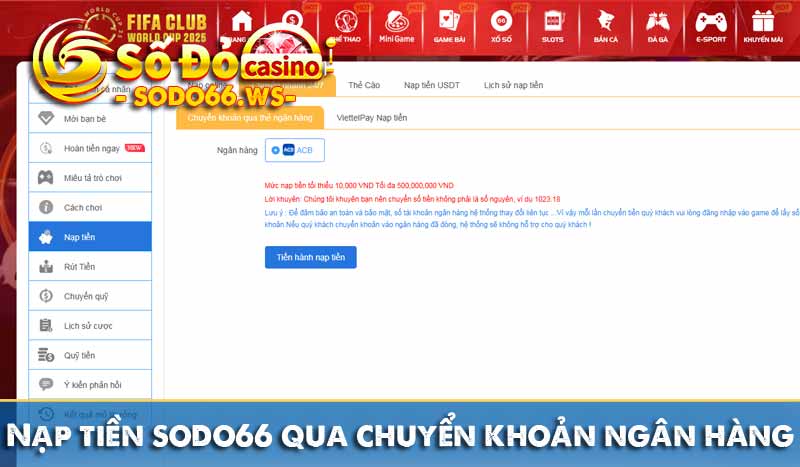 Nạp tiền sodo66 qua chuyển khoản ngân hàng